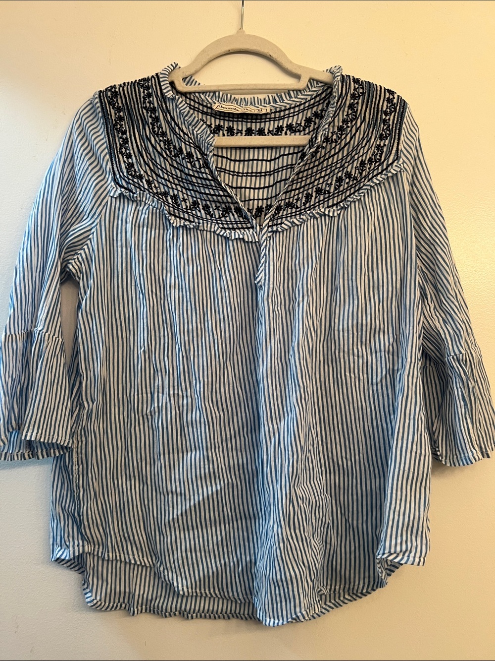 Abercrombie & Fitch Striped Blue Embroidered Yoke Women's Top